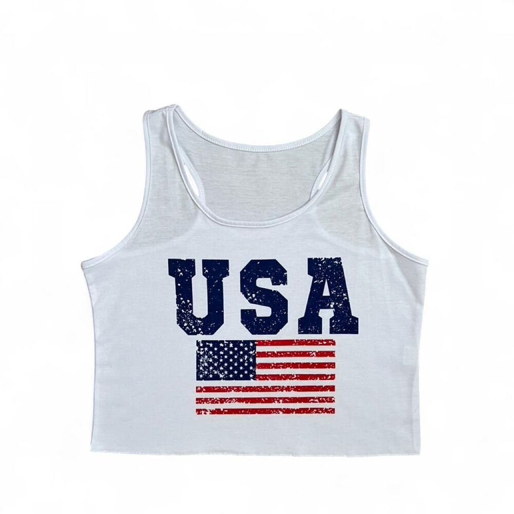 White USA American Flag Crop Tank Top Women's Size Small